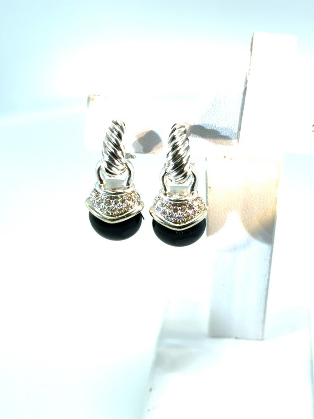 Silver diamond and onyx earrings